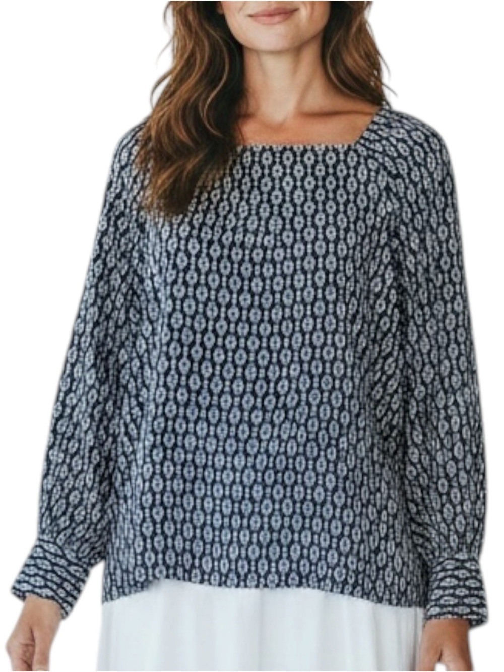 ANN TAYLOR Chain-Link Pattern Blouse with Square Neck in Navy/White Size Large